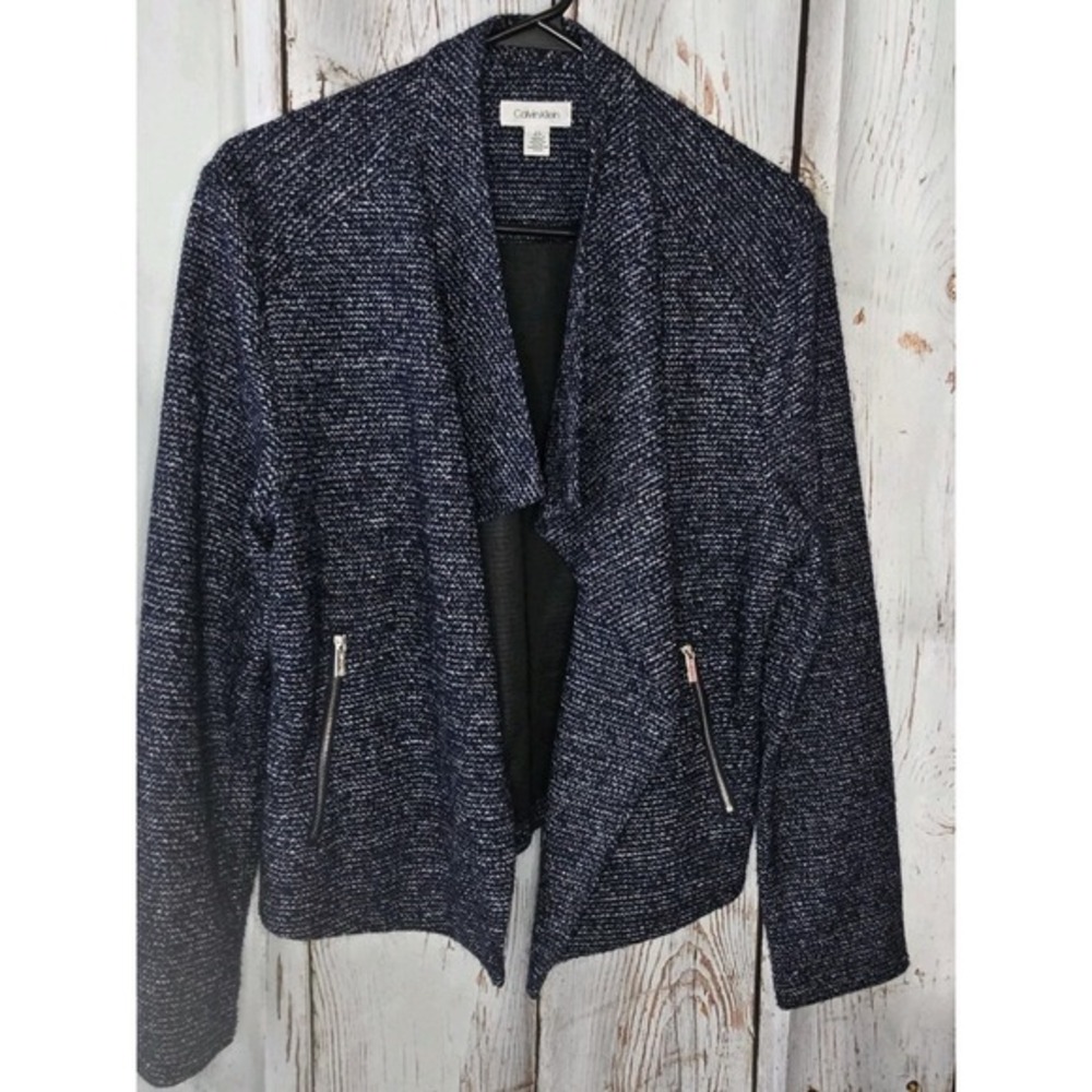 Calvin Klein Navy Blue Blazer W/ Silver Zippers Sz Women's L‎ Office Balletcore
